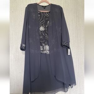 NWT Le Bos Size 16 Slate Two Piece Set Dress And Cardigan Embroidery Sequence